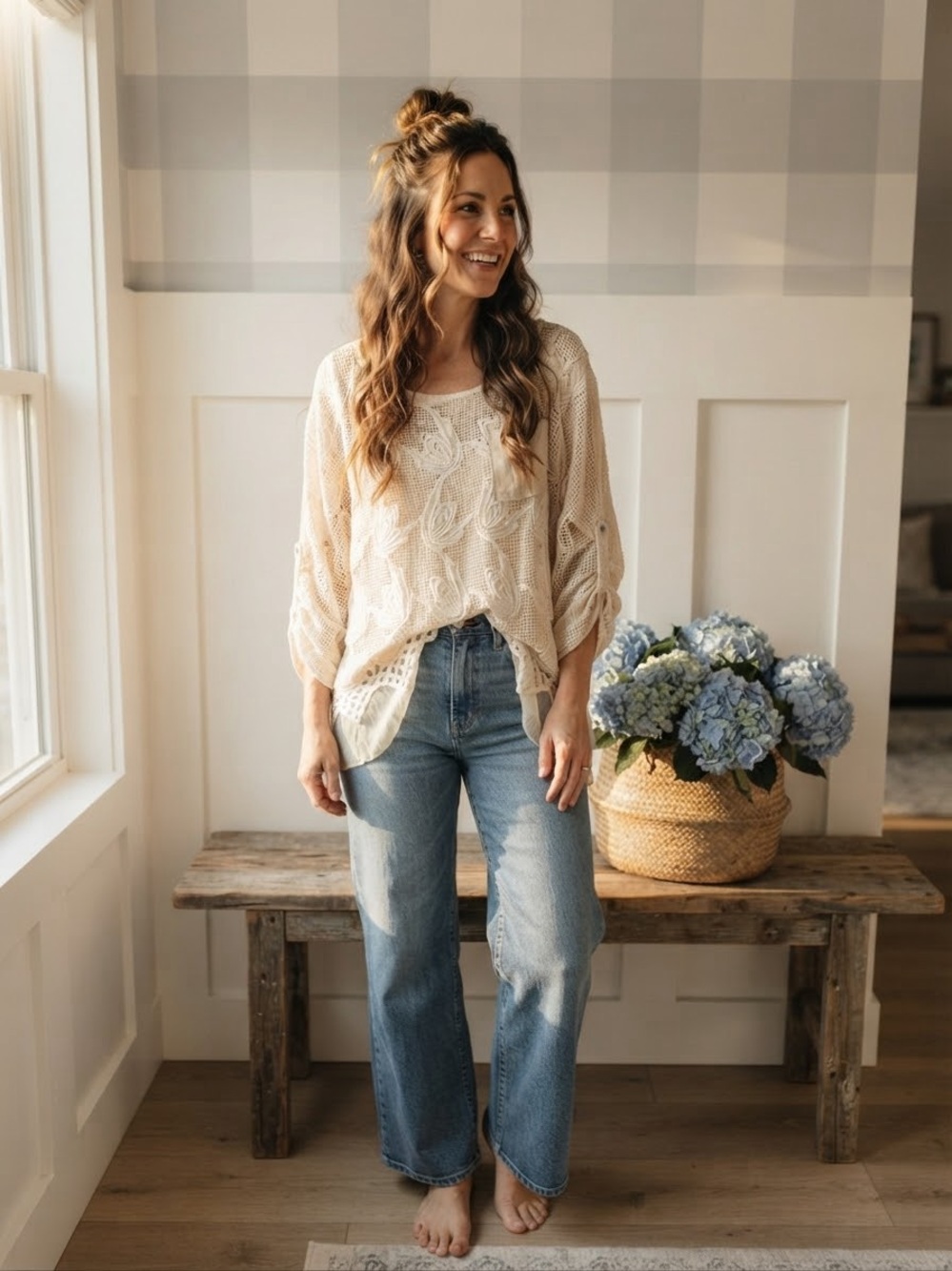 Light Cream Crochet Knit Women's Blouse - Casual Boho Top Large